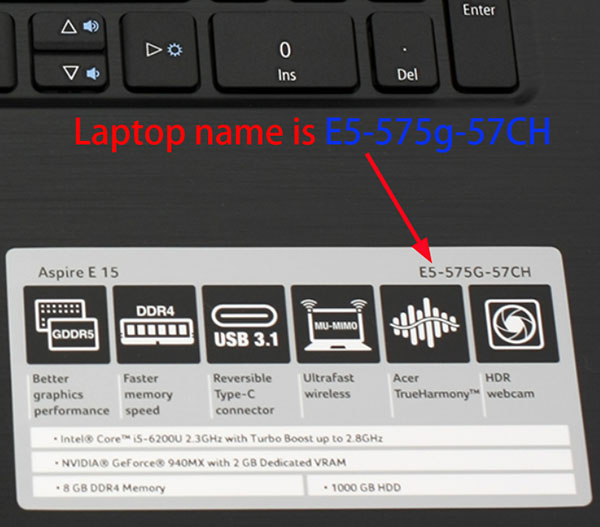 find model of acer laptop near keyboard